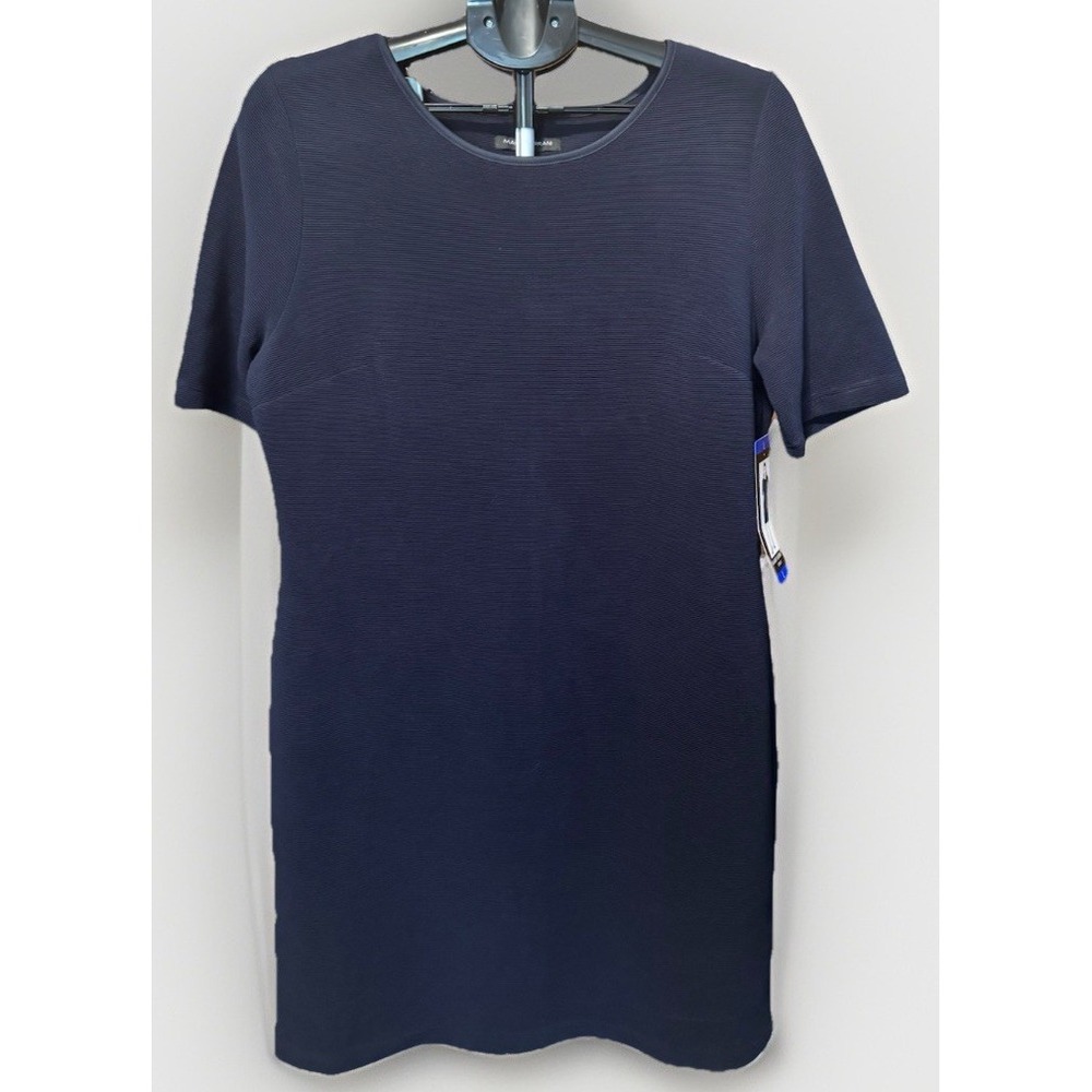 NWT Womens L Mario Serrani Navy Blue Ribbed Short Sleeve Stretch Dress